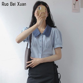 RUO BEI XUAN เสื้อเชิ้ตโปโลคอปกแขนสั้นสไตล์ฝรั่งเศสรุ่นใหม่ของผู้หญิง