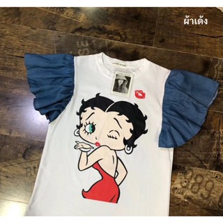 💥#ZARA New collection! เสื้อคอกลมแขนระบายผ้ายีนส์ฟอกแต่งสกรีน Betty Boop ใช้ผ้ามีสไตล์ ZARA (ป้าย)Pina  Size 34-40ยาว23.