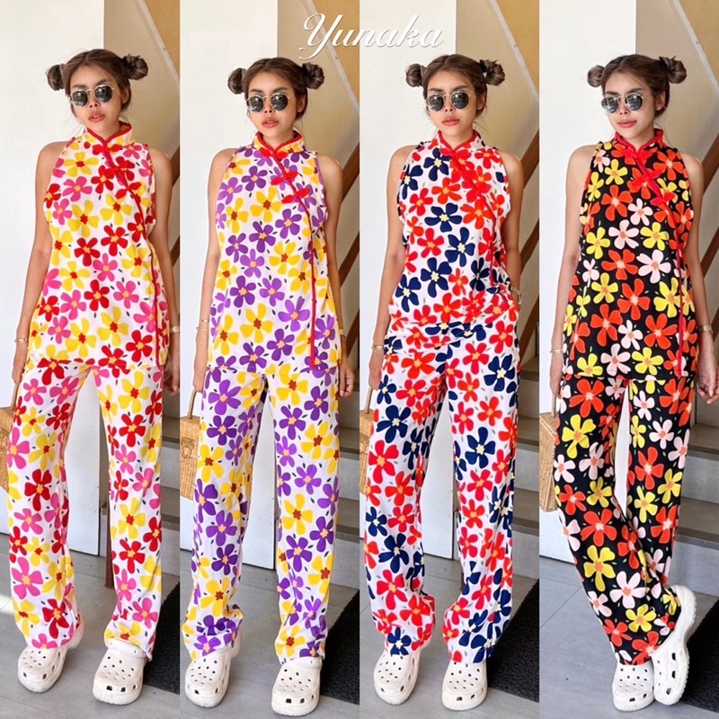 Yunaka ชุดเซ็ต 2 ชิ้น สาวมินิ กี่เพ้า เซทเสื้อคอจีนแขนกุด อก 42 Chinese Floral Set กางเกงขายาว เอว 2