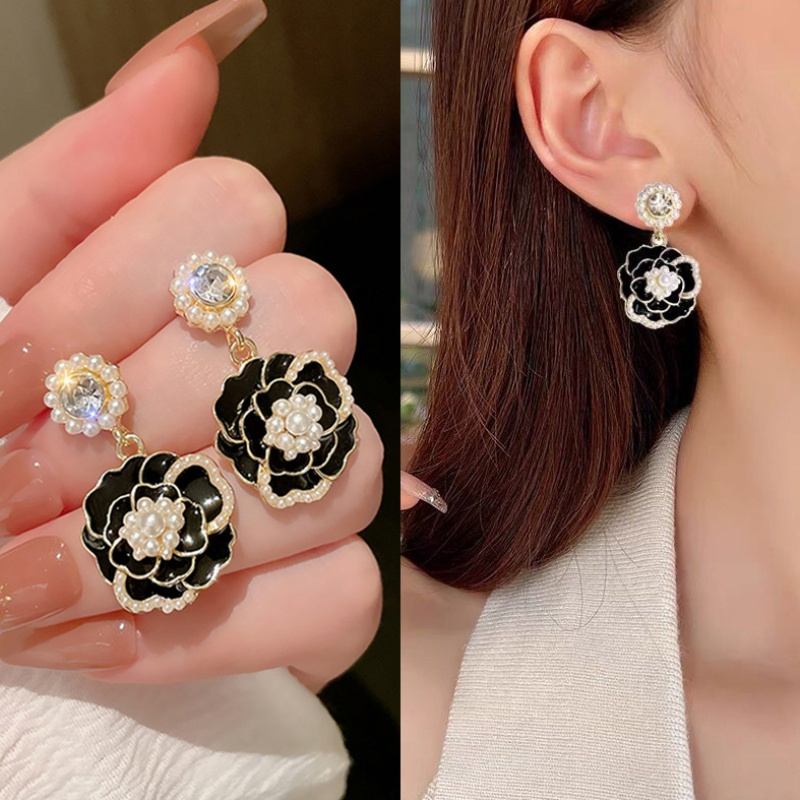Pearl Camellia Dangle Earrings Rhinestone เครื่องประดับสำหรับผู้หญิง