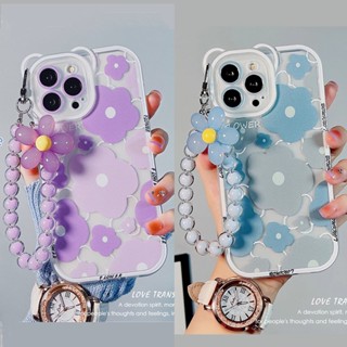 เคสโทรศัพท์มือถือ ซิลิโคน TPU ใส ลายดอกไม้ หมี สีม่วง พร้อมสายโซ่คล้อง สําหรับ Iphone 14 Por Max 13 12 Pro Max 11XS XR