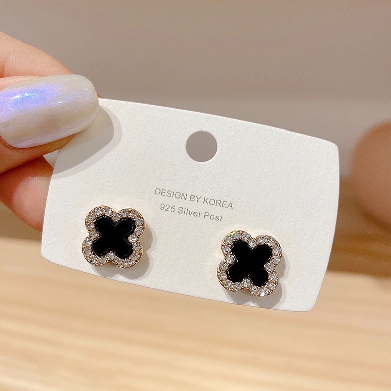 ต่างหู รูปใบโคลเวอร์ ประดับเพชร ขนาดเล็ก ระดับไฮเอนด์ แบบเรียบง่าย