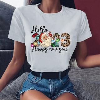 [S-5XL]Unicorn Santa Claus Hello 2023 Christmas Happy New Year T-Shirt Women Clothes Female Clothing Short Sleeve T-Shir