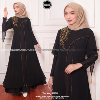 Gamis Abaya Turkey 2151 ชุดเดรส สไตล์มุสลิม ปักลาย สีดํา สําหรับผู้หญิง