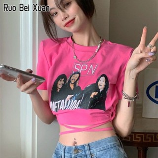 RUO BEI XAUN เสื้อยืดสตรีใหม่พิมพ์เกาหลีแขนสั้นเข้ารูปพอดีเชือกตัดด้านบน