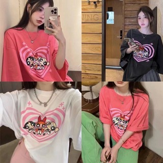 Jinเสื้อคอกลม เสื้อยืด เสื้อแขนสั้น รวมพลังพาวเวอร์พัฟเกริ์ล Power Puff Girl 💙💚💖