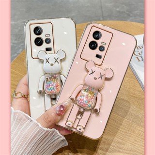 Bling Plating 2022 เคส VIVO iQOO 11 5G New Fashion Soft Case with Cute Candy Bear Bracket Camera Lens Protection Cover เคสโทรศัพท์ Vivo IQOO11