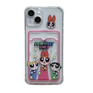 เคสโทรศัพท์มือถือ ป้องกันกระแทก ลายการ์ตูน Powerpuff Girl น่ารัก พร้อมช่องใส่บัตร สําหรับ iPhone 14 13 12 11 X 8 7P