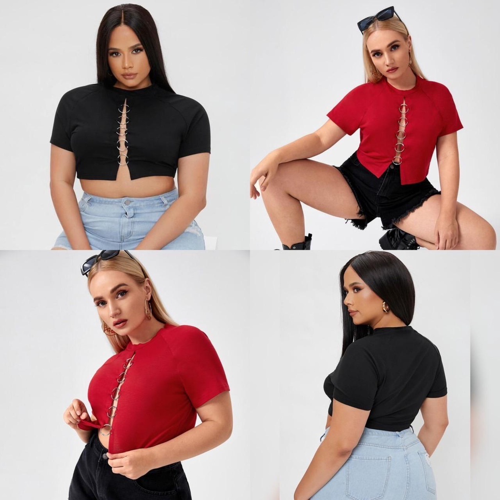 C873 [ถ6 #เสื้อครอปคอกลมแต่งห่วงหน้า] อก38-52 | มีไซส์ให้เลือก