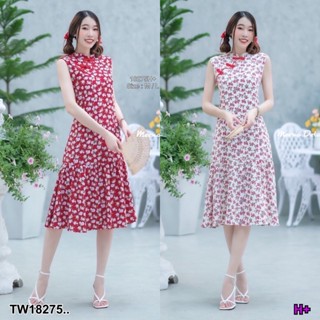 AK 18275 Dress เดรสกี่เพ้าคอจีนแขนกุดลายกุหลาบ