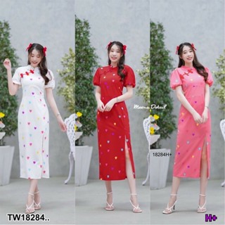 MM18284 เดรสกี่เพ้ายาว แขนตุ๊กตาลายหัวใจ ..Long Qipao Dress Heart patterned doll sleeves..