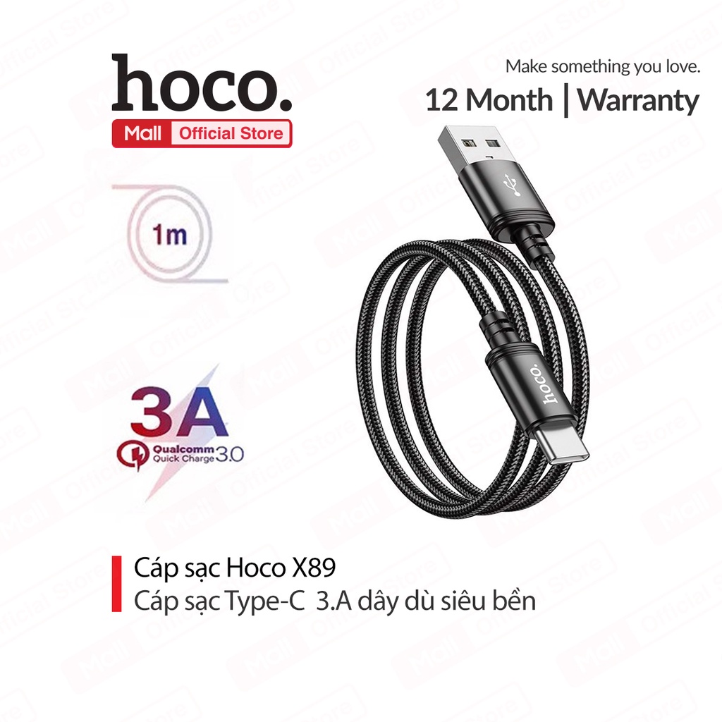 Hoco X89 สายชาร์จ Type-C 3A ชาร์จเร็ว หัวชาร์จกันแตกหัก ยาว 1M