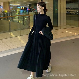 Hepburn กระโปรงยาว ชุดเดรสสีดำ สไตล์ย้อนยุคชุดสีดำเล็กๆน้อยๆ2023ใหม่ฤดูใบไม้ผลิชุดเดรสเอวสูงครึ่งคอสูงบางกระโปรงใหญ่สไตล์ตะวันตก SC8663