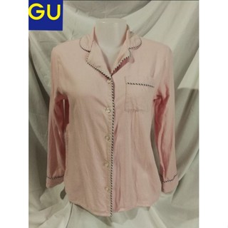 GU Brand_2nd hand เสื้อเชิ้ตแขนยาวใส่นอน​ ผ้าฝ้าย 60% ผ้าเรยอน 40%/Size S/ Made in Cambodia 🇰🇭​/แท้มือสองกระสอบนำเข้า