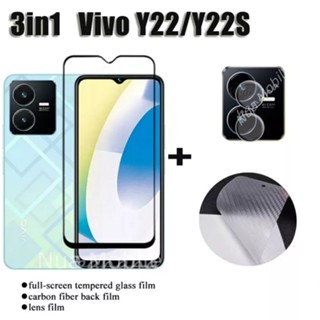 3in1 Vivo Y22 Y22S Y35 ฟิล์มเลนส์กล้อง + ฟิล์มกระจกเต็มจอ+ ฟิล์มหลัง ฟิล์มกันกระแทกขอบดำ