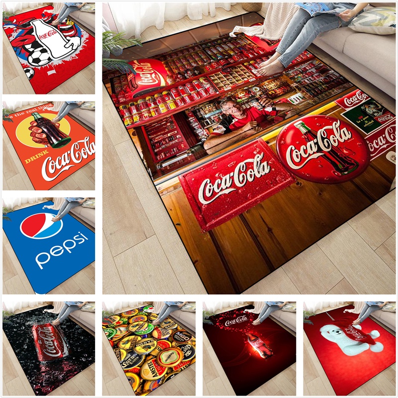 พรมลาย Pepsi และ Coca-Cola พรมสำหรับโซฟาและข้างเตียง ดูดซับน้ำได้ดีและปลอดภัยจากความลื่น ตกแต่งได้หลากหลาย