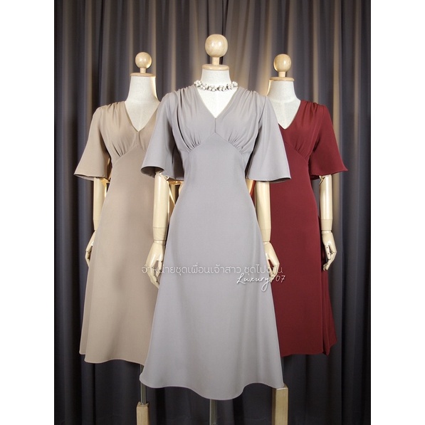 FN8107-1  Midi dress กระโปรงบานเอวสูง แขนระฆัง ชุดไปงานแต่ง ชุดออกงาน เดรสเพื่อนเจ้าสาว [LUXURY707]