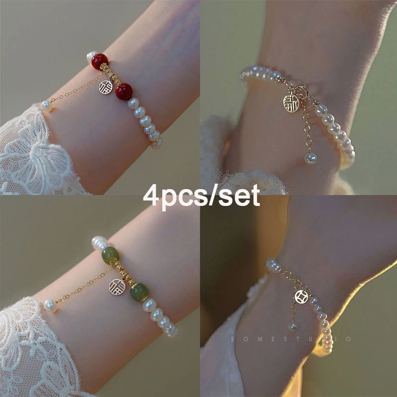 4 ชิ้น / เซต สร้อยข้อมือ อินสไตล์ สร้อยมุก วินเทจ เรียบง่าย สร้อยข้อมือสตริง แฟชั่น หรูหรา ข้อมือ สําหรับผู้หญิง เครื่องประดับ ของขวัญ