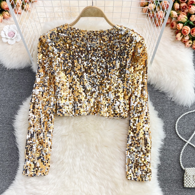 Glitz เสื้อคาร์ดิแกน คอวี แขนยาว กลิตเตอร์ สีดํา ทอง เงิน สําหรับผู้หญิง - รูปที่ 6