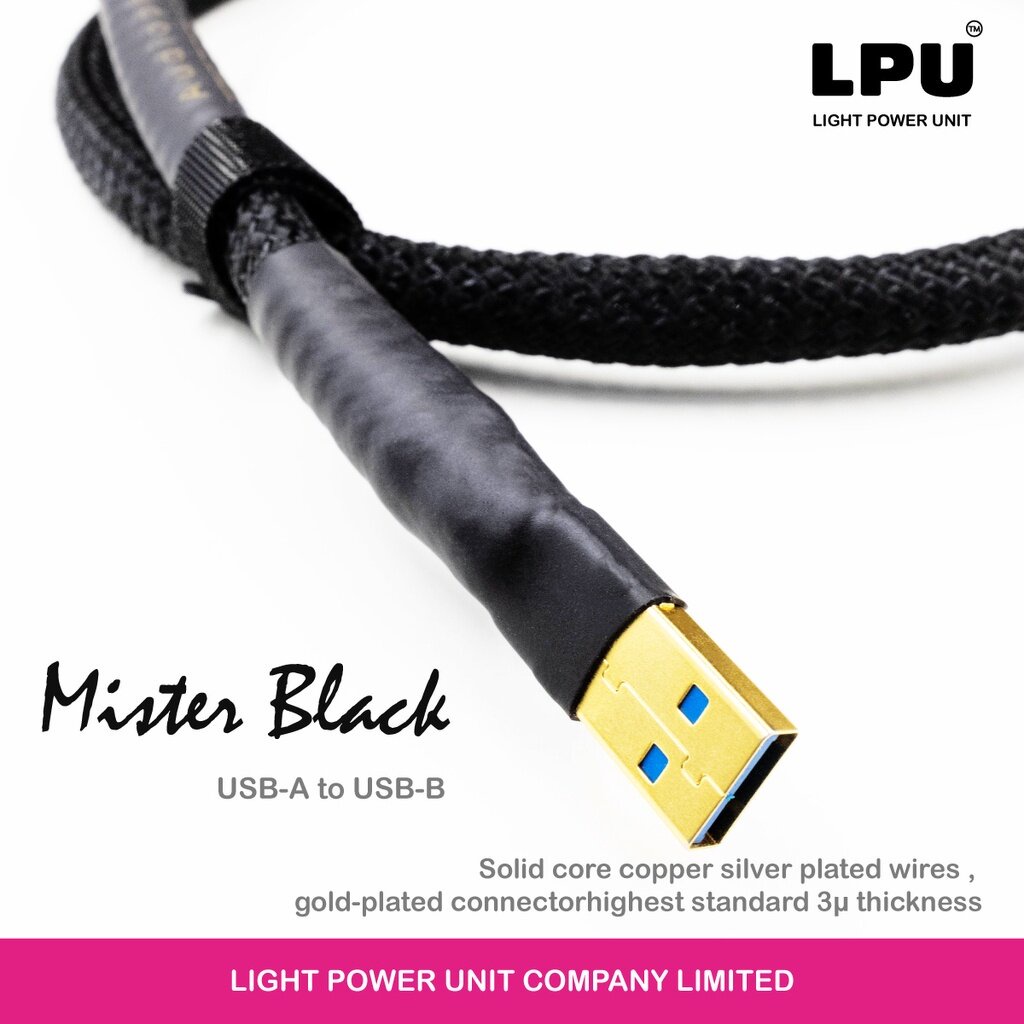 LPU Mister Black series ( USB-A to USB-B ) สายสัญญาณเครื่องเสียง สายทองแดงแกนเดี่ยวชุบเงิน Shilded ทุกเส้นด้านใน หัวทอง