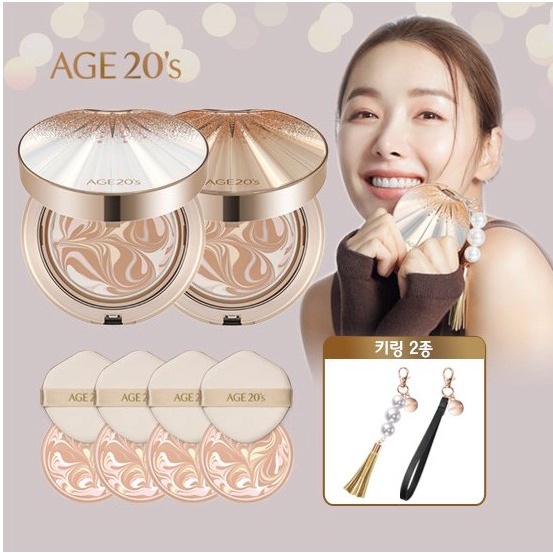 AGE 20's NEW Essence Cover Pact Aurora Gold Edition (2 Key Rings + Original 2 + Refill 4)