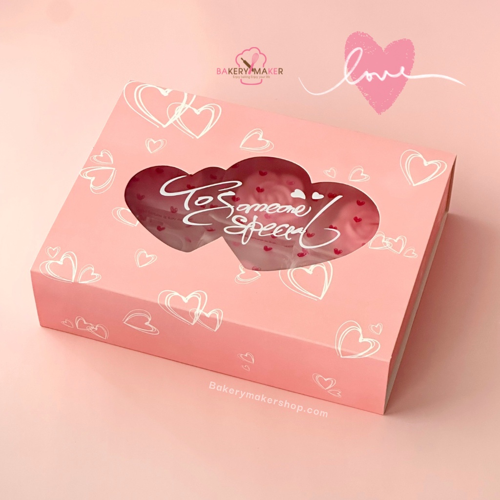 กล่องฝาเลื่อน ชมพู To someone special 5 ใบ / กล่องของขวัญ คุกกี้ Valentine หน้าต่างหัวใจ คุกกี้สับปะรด evergreen