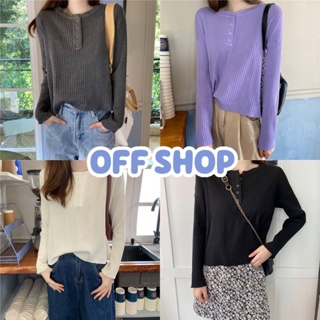 OFF SHOP พร้อมส่ง (OFF-9128)เสื้อไหมพรมแขนยาว กระดุมด้านหน้า ผ้าร่องใส่สบาย