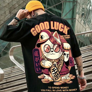 S-8XL Summer national tide personality fun lucky cat print short-sleeved T-shirt men and women trend fashion Hong K_07