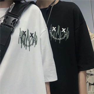 New Attitude Hip Hop Rap Devil Grimace Graffiti Printing White Top Street Classic Loose Couple Short-sleeved T-shir_05