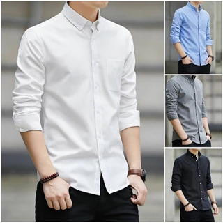 เสื้อเชิ้ตผู้ชายสีพื้นแขนยาว เสื้อเชิ้ตสไตล์เกาหลีผ้า Oxford