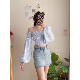 TJ0301 Blossom top มี4สี เสื้อครอปเกาะอกต่อแขนบอลลูน ผ้าอัดลาย ใส่ไปคาเฟ่น่ารักๆ