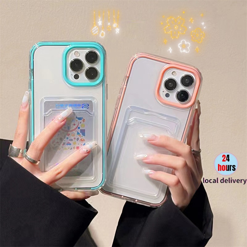 TPU ใส กันกระแทก พร้อมช่องใส่บัตร สีแคนดี้ หรูหรา สําหรับ IPhone 15 14 13 12 11 Pro Max X Xs Max Xr 66s 8 7 Plus Se 2020