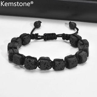 Kemstone สร้อยข้อมือ หินลาวา ทรงสี่เหลี่ยม สีดํา ปรับได้ เครื่องประดับ ของขวัญ