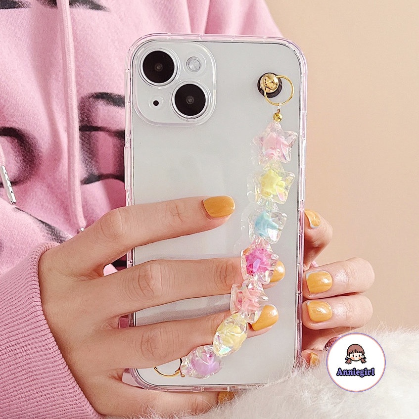 เคสโทรศัพท์มือถือ TPU นิ่ม แบบใส กันกระแทก กันสิ่งสกปรก ลายดาว สีแคนดี้ พร้อมสายคล้องข้อมือ แฟชั่น สําหรับ IPhone 11 12 13 14 Pro Max X Xs XR 8 7 Plus