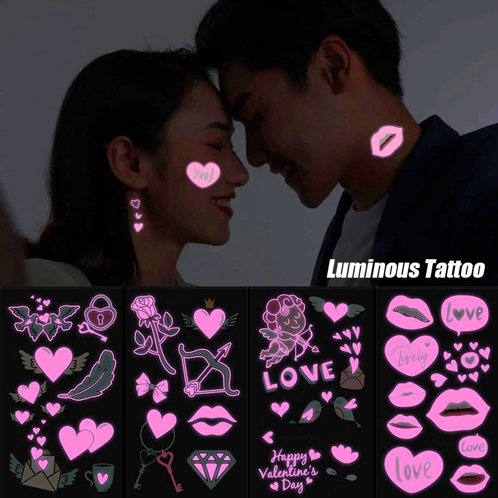 สติกเกอร์รอยสักชั่วคราว แบบเรืองแสง ลายหัวใจ สีชมพู กันน้ํา เหมาะกับวันวาเลนไทน์ แฟชั่นสําหรับผู้หญิง
