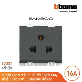 BTicino เต้ารับเดี่ยว3ขา มีม่านนิรภัย แบมบูสีเทาดำ Simplex Socket 2P+E 16A 250V With SafetyShutter GRAY Bamboo AE2125TGR