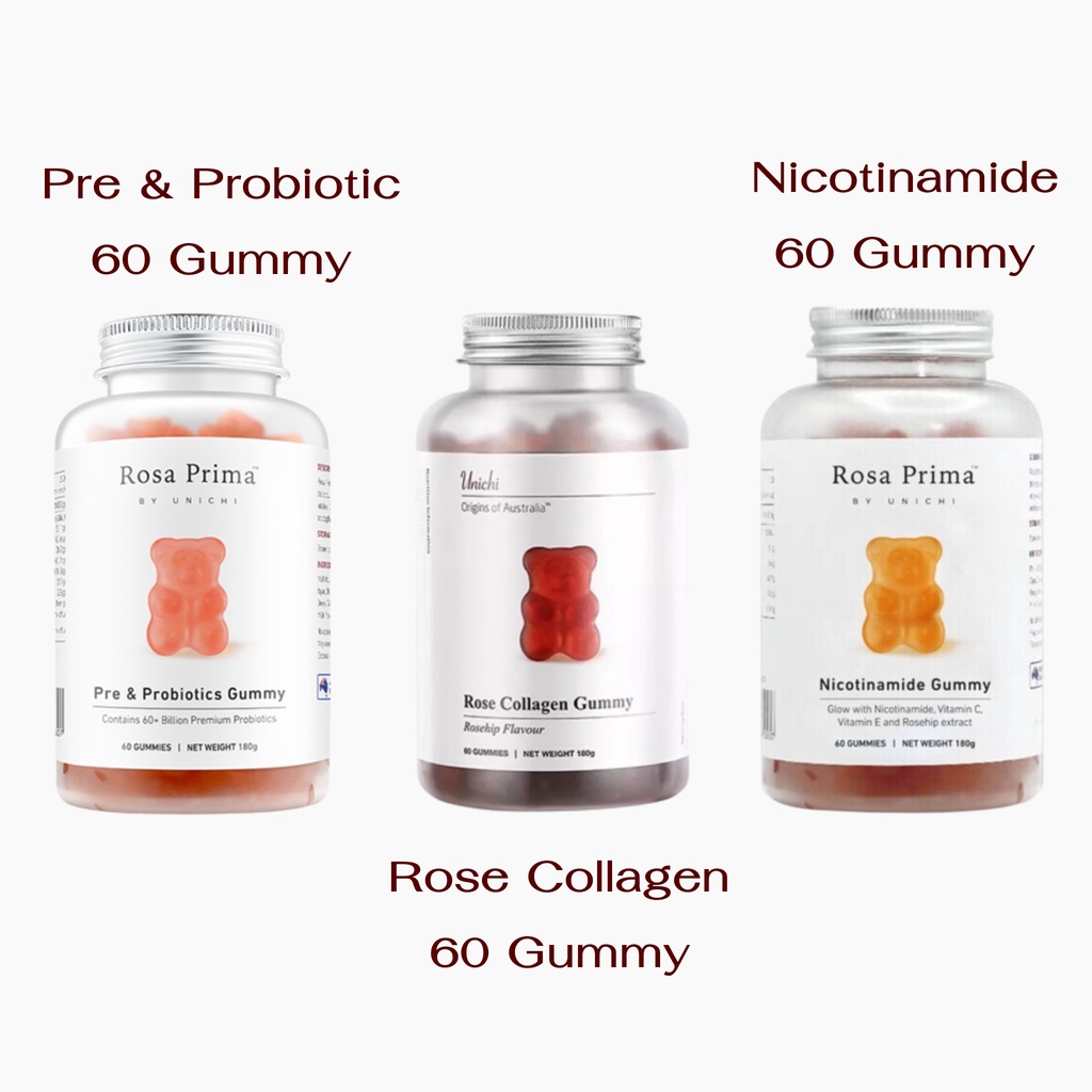 พร้อมส่ง Unichi Rosa Prima Pre & Probiotics / Rose Collagen / Nicotinamide 60 Gummy