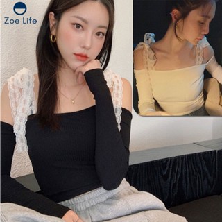 พร้อมส่ง  เสื้อยืดสายเดี่ยวเเขนยาว  งานปาดไหล่  เสื้อยืดเเขนยาวปาดไหล่  เสื้อลูกไม้เกาหลี