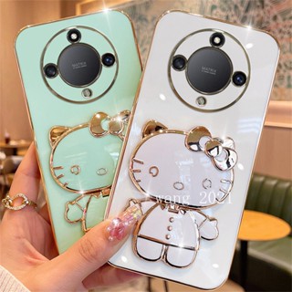 Honor X9a 5G เคส Cute Cartoon Hello-Kitty Candy Plating Casing with Portable Make-up Mirror Phone Holder Magnetic Suction Function Soft Back Cover เคสโทรศัพท