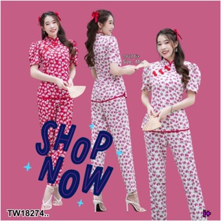 TwinsShopVip💗พร้อมส่ง TW18274 Set 2 ชิ้น เสื้อกี่เพ้าลายกุหลาบ + กางขายาว ..