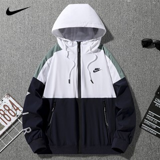 Nike เสื้อกันลม มีฮู้ด ปักลายโลโก้ ของแท้ สําหรับเล่นกีฬากลางแจ้ง