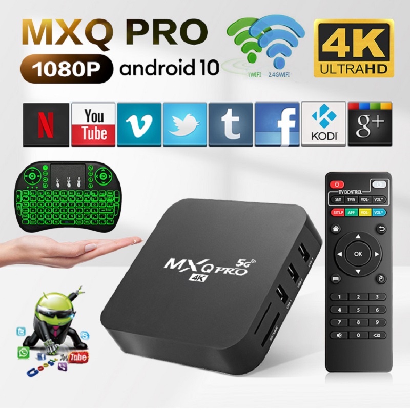 กล่องสมาร์ททีวี mxq pro tv box 4k 5g android10.0 smart set top box + I8 คีย์บอร์ดไร้สาย