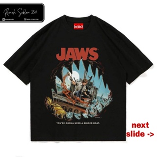 เสื้อยืดแขนสั้น พิมพ์ลายภาพยนตร์ Jaws VINTAGE THRILLER 1975 สีดํา สีขาว สําหรับผู้ชาย