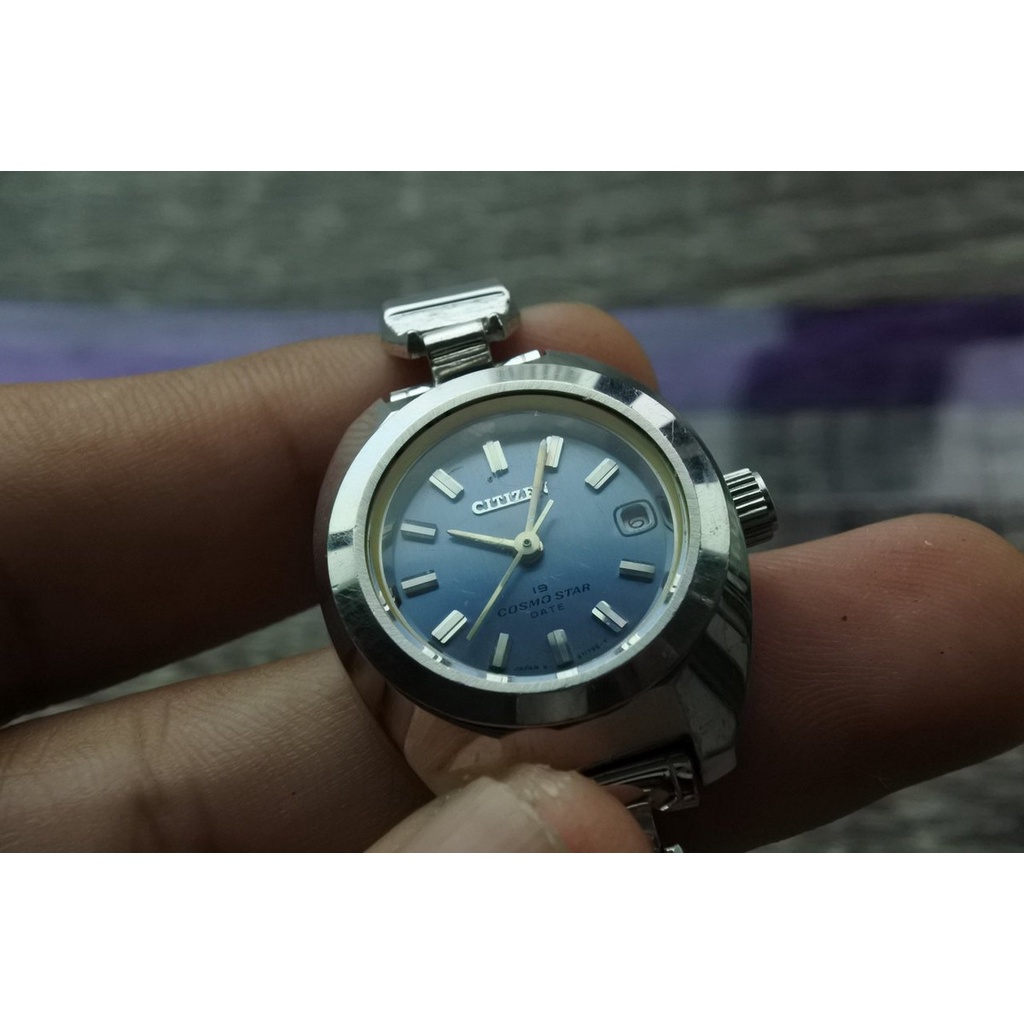 นาฬิกา Vintage มือสองญี่ปุ่น CITIZEN COSMO STAR ระบบ AUTOMATIC ผู้หญิง ทรงกลม กรอบเงิน หน้าสีน้ำเงิน หน้าปัด 27mm