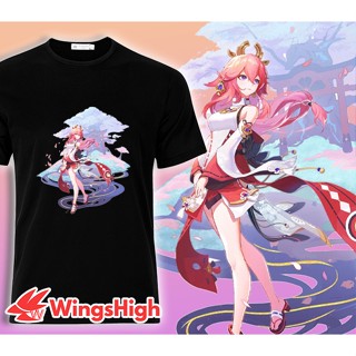 Genshin Impact v2.5 Yae Miko When the Sakura Bloom Skin Printing BLACK T-shirt 原神v2.4原创八重神子周边T恤角色_03