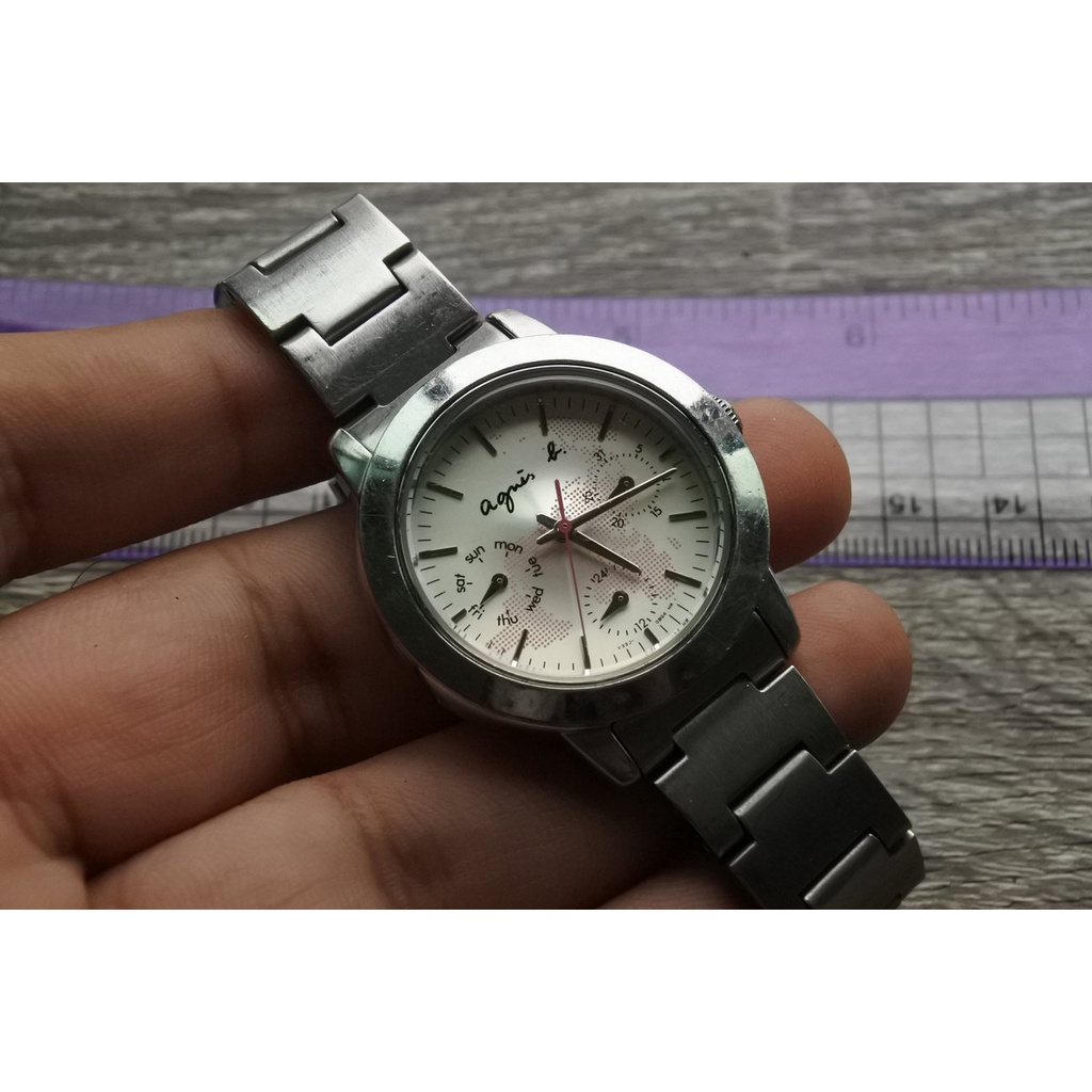 นาฬิกา Vintage มือสองญี่ปุ่น ALBA V33J 0ALA ระบบ QUARTZ UNISEX ทรงกลม กรอบเงิน เดินทุกเข็ม หน้าปัด 35mm