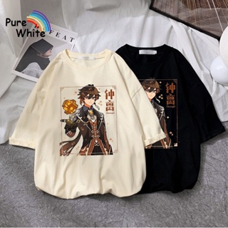 Zhongli Genshin Impact Action Role-playing Game Clothes Print T Shirt Crewneck Cotton TShirt Big Size for Women Str_05