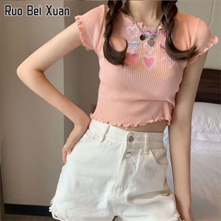 RUO BEI XUAN เสื้อถักแขนสั้นผู้หญิง 2023 ใหม่แฟชั่นสไตล์เกาหลีเสื้อครอปน่ารัก