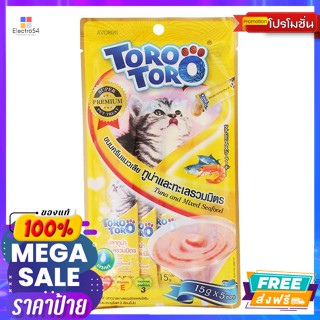 TORO TORO(โทโร โทโร่) โทโร โทโร่ ขนมครีมแมวเลีย รสปลาทูน่าและทะเลรวมมิตร 15 ก. แพ็ค 5 Toro Toro Cat Lick Cream Snack Tun