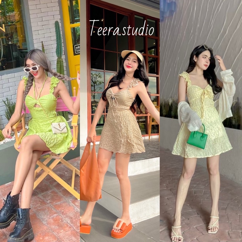 Teera พร้อมส่ง มินิเดรสผ้าอัดยับ ซับในเป็นกางเกง เชือกผูกคอ งานน่ารักมากๆ